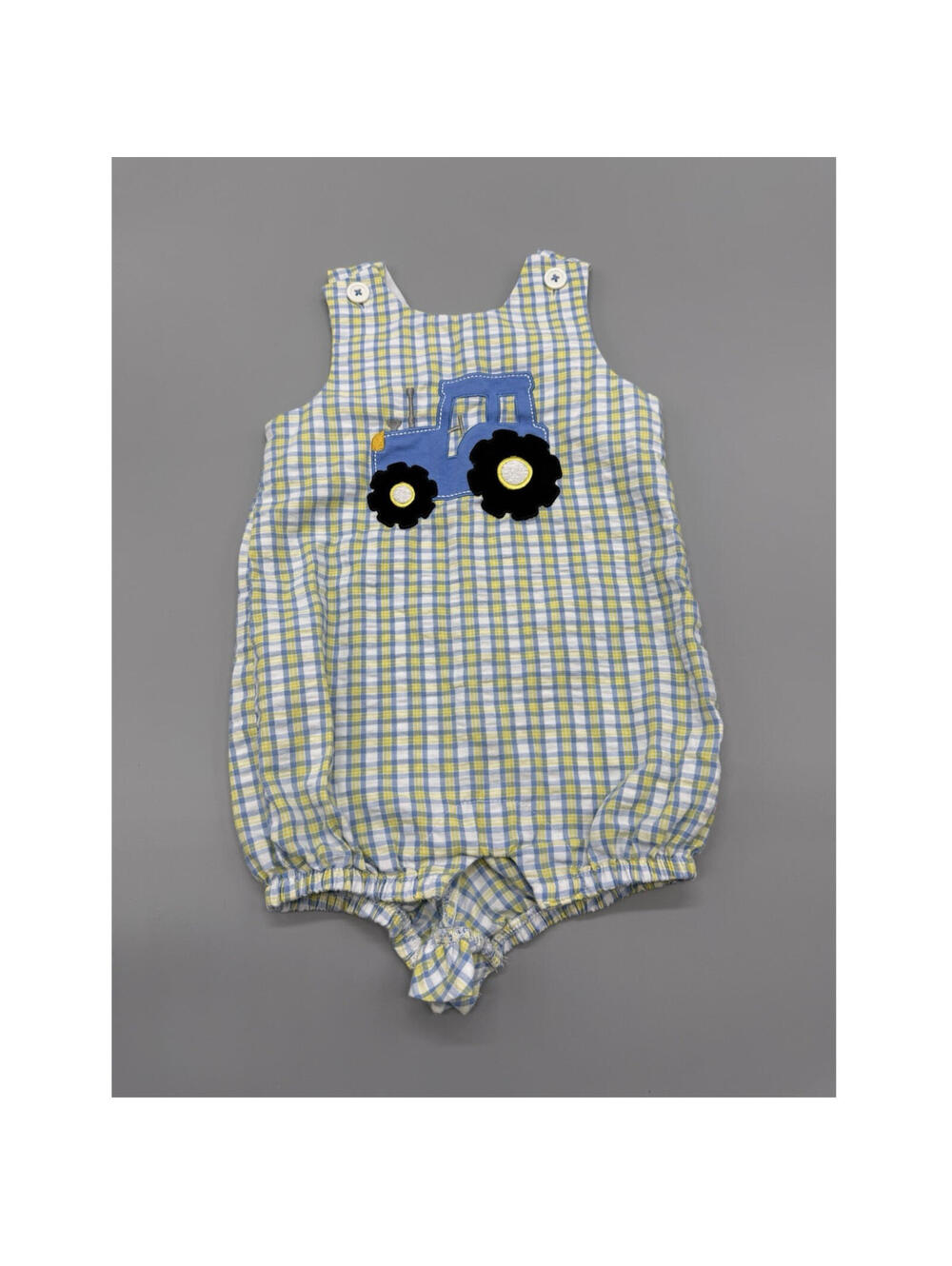 Good Lad Blue Yellow Plaid Tractor 12 Months Sleeveless Romper One-Piece